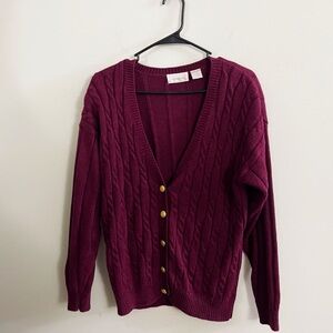 Vintage 90s Burgundy Cable Knit Vneck Cardigan Preppy Twee Chic Office School
